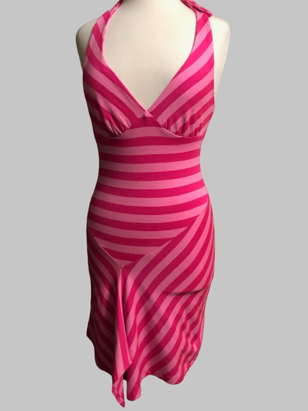 VTG Y2K Ruby Pink Striped Halter Handkerchief Dress Size M